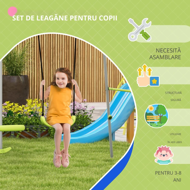 Outsunny Leagăn 2 cadru portic cu 1 leagăn și față în față 255 x 160 x 180 cm greutate maximă 135 kg verde gri