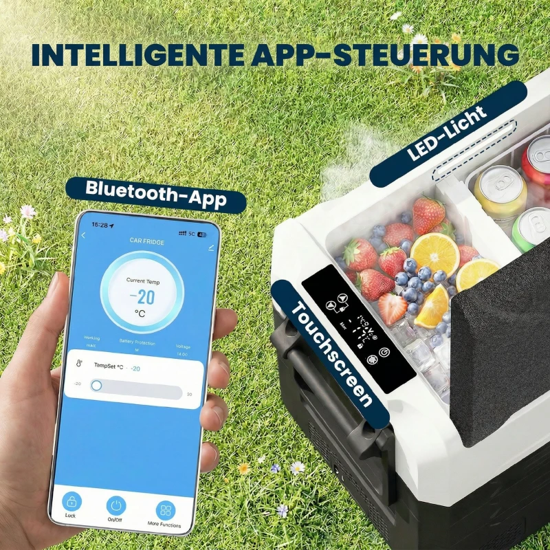 Outsunny Compressor-koelbox 50L -20℃-20℃ elektrische koelbox met dual-zone temperatuurregeling, APP, LED, batterijbeveiliging en opvouwbare handgreep