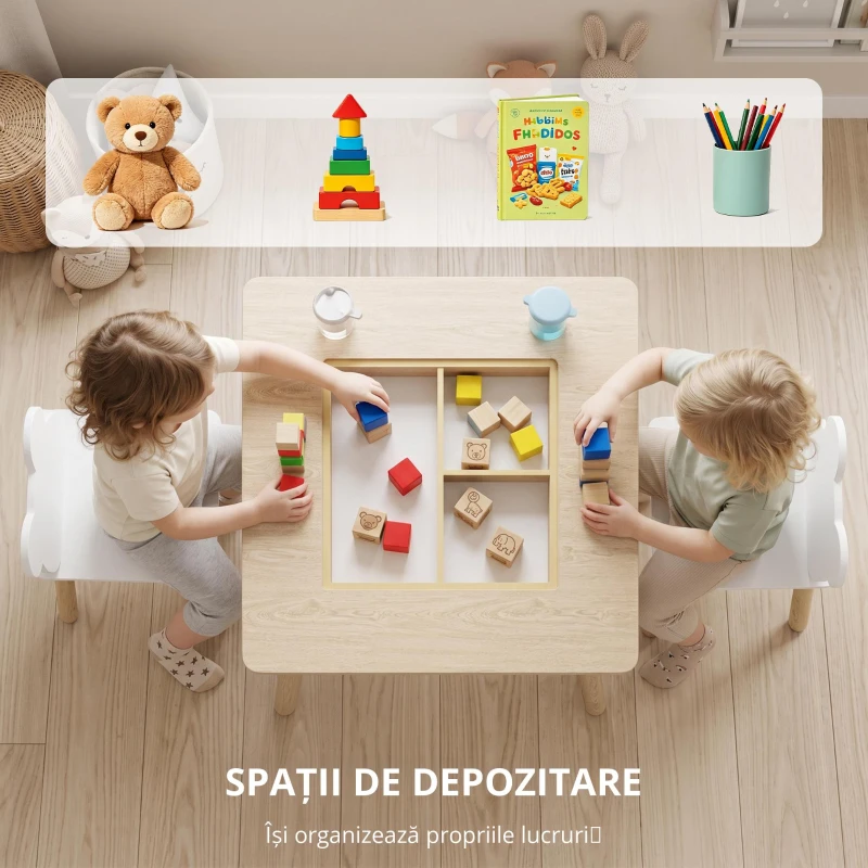 AIYAPLAY Masă pentru copii cu 2 scaune, set de mobilier pentru copii cu depozitare și spătar în formă de ursuleț pentru copii 3-6 ani, lemn natural