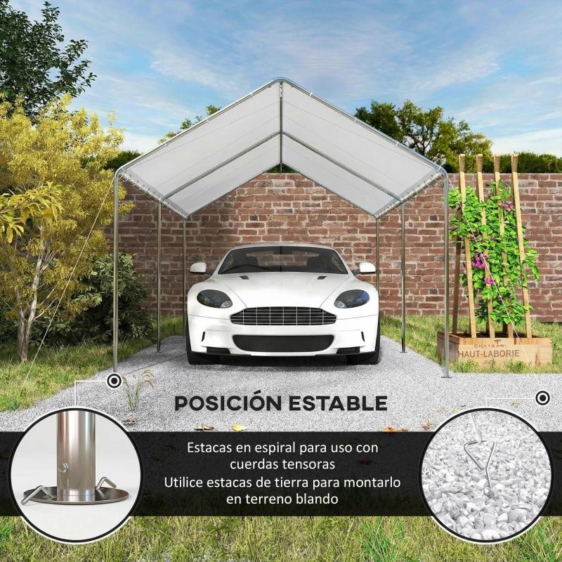 Outsunny Carpa Garaje para Coche 3x6 m Cochera Portátil Impermeable con Toldo de Tela PE y Marco de Acero Galvanizado Blanco