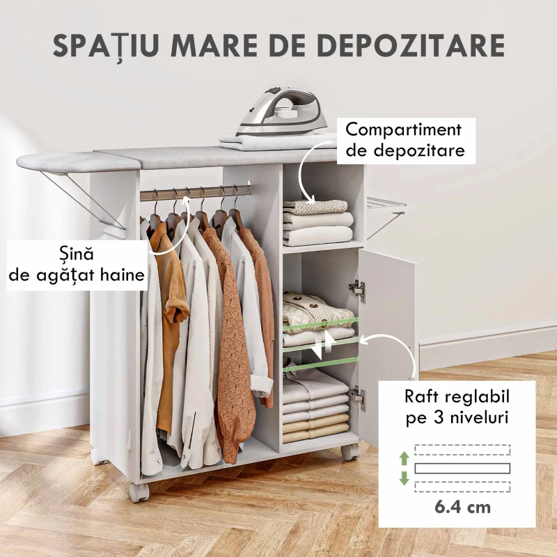 HOMCOM Dulap Masa Calcat – 3 Rafturi, Blat Burete & Ghidaj Rufe