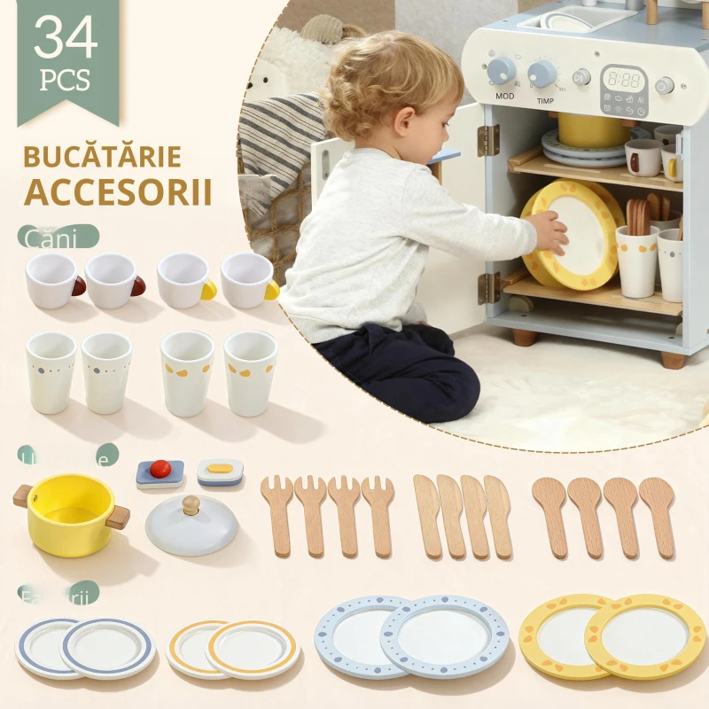 AIYAPLAY Set bucătărie cu chiuvetă, mașină de spălat vase din lemn pentru copii, 32 piese accesorii, MDF, pentru copii de la 3 ani, albastru deschis