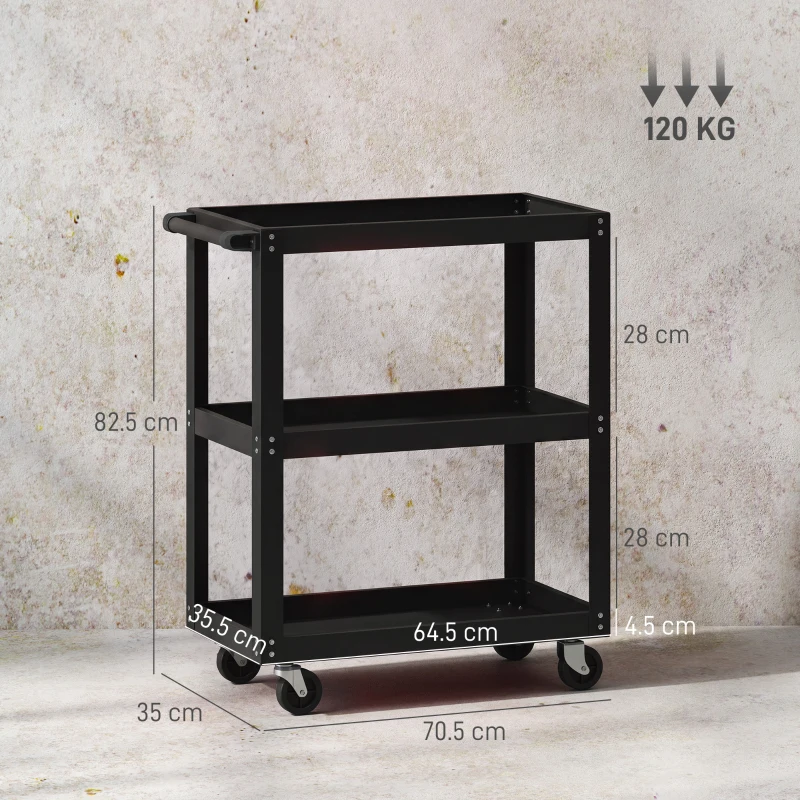 HOMCOM Cărucior pentru Scule cu 3 Rafturi cu Margini Înalte, 70,5x35x82,5 cm, Negru