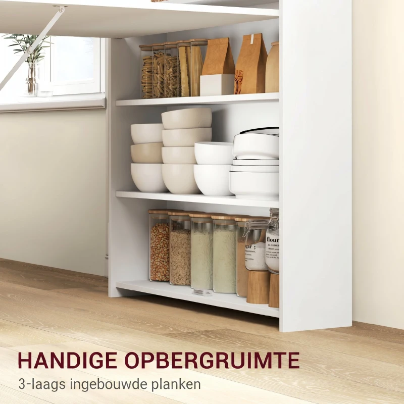 HOMCOM Inklapbare Eettafel, Geschikt voor Kleine Ruimtes, met 4 Discrete Schappen, Opvouwbare Keukentafel, Anti-Kantelfunctie, Wit(m-5)