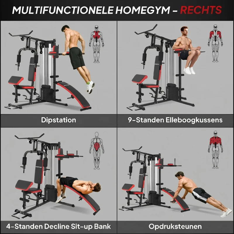 SPORTNOW Multifunctionele Trainingsstation met 65 kg Gewichtsblok, Verstelbaar, Voor Thuis Fitness, Staal, Kunstleer(m-5)