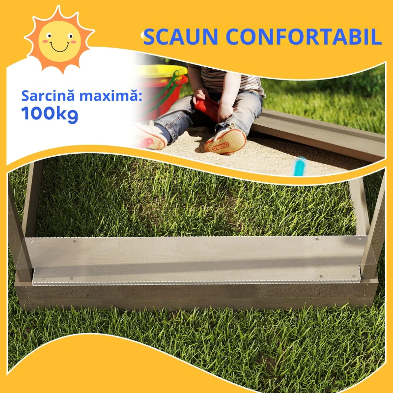 Outsunny Cutie de nisip cu protecție solară, design casă de joacă, cu set de jucării, lemn masiv tratat, 124 x 116 x 146 cm, Gri