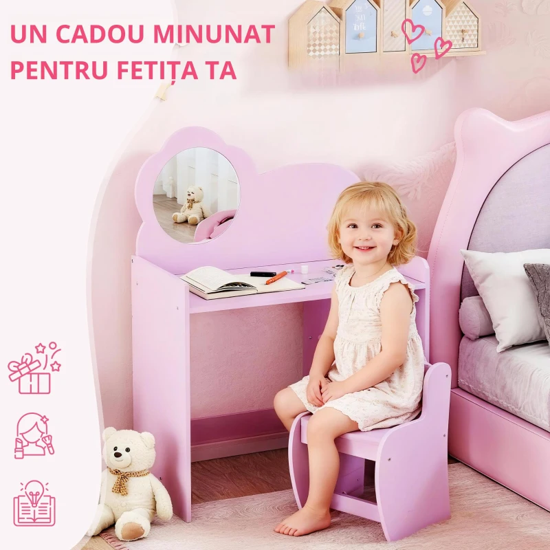 AIYAPLAY Masă de toaletă pentru copii cu scaun și oglindă în formă de floare cu rafturi deschise pentru băieți și fete 3-8 ani Mov