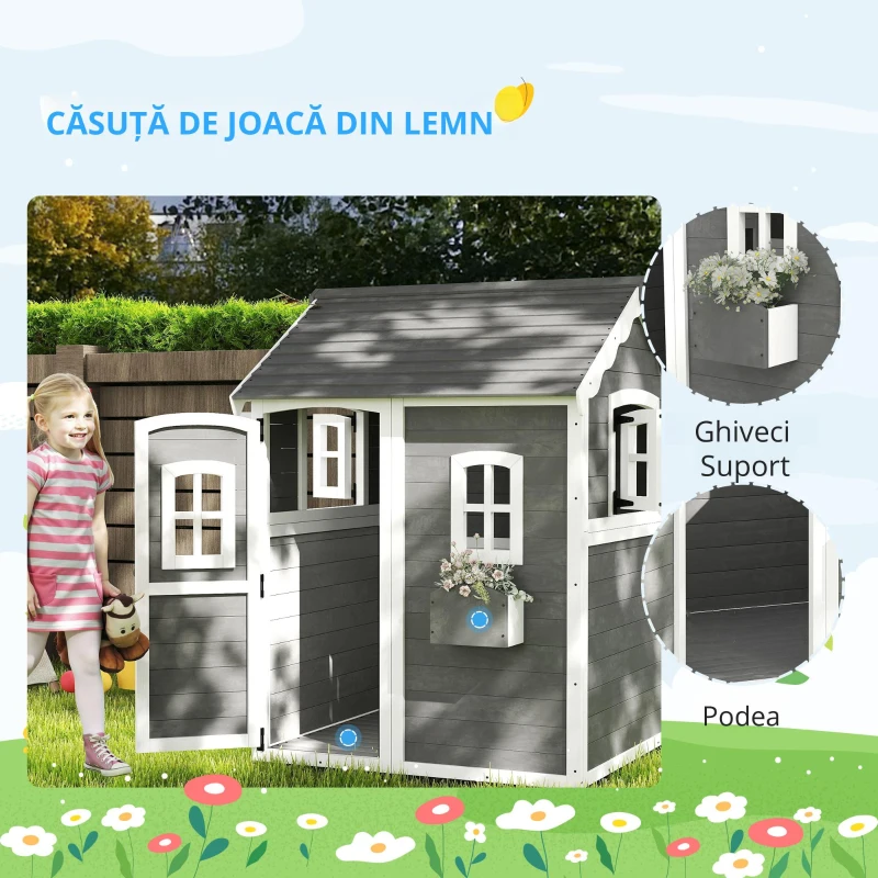 Outsunny Căsuță de joacă pentru copii, casă pentru interior și exterior cu ușă, ferestre și lădiță pentru flori, lemn de brad, gri