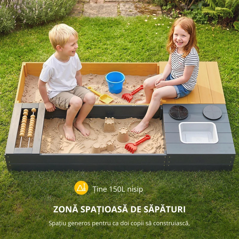 AIYAPLAY Set ladă pentru nisip 2 piese 150x90 cm lemn ladă de nisip cu bancă spațiu depozitare plită chiuvetă detașabilă mărgele abac Galben