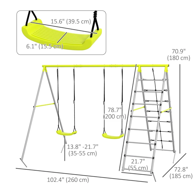 Outsunny 4 în 1 balansoar portic pentru copii cu 2 șezlonguri de balansoar, scară cățărătoare și plasă de escaladă verde