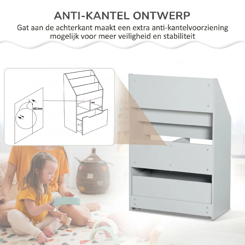 HOMCOM Kinderboekenrek met Lade en Vakken, 60 x 29,9 x 90 cm, Grijs(m-6)