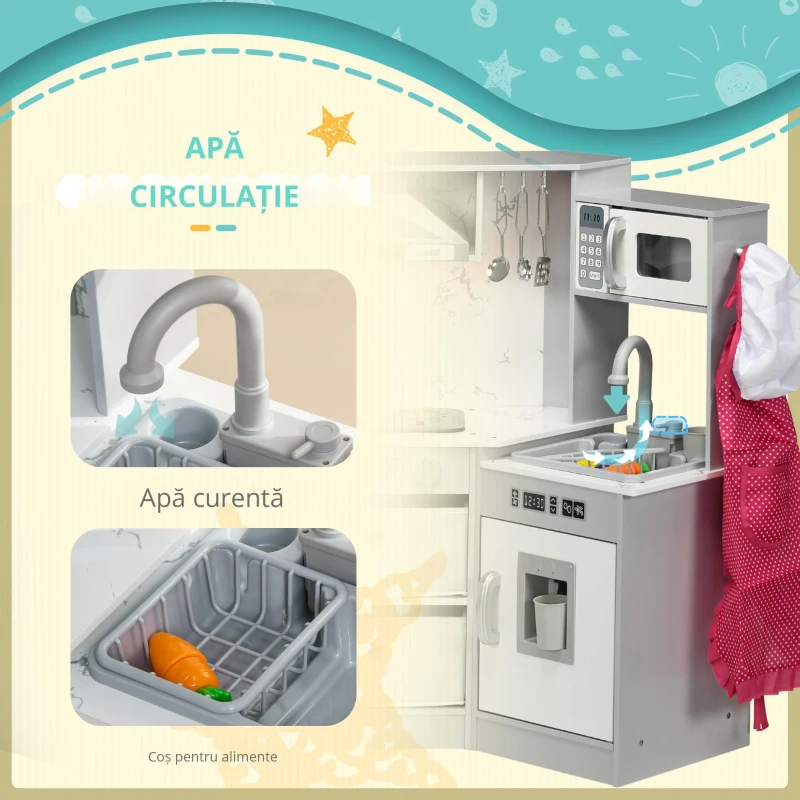 AIYAPLAY Bucătărie pentru copii din lemn cu 17 accesorii legume din plastic butoane și lumini șapcă 3-6 ani gri alb