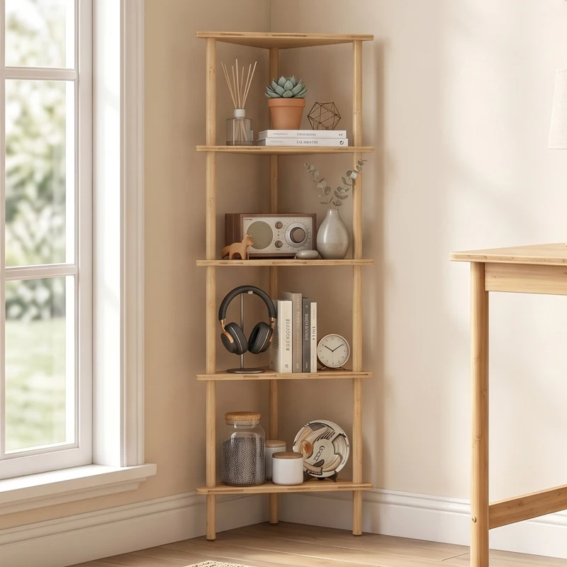 HOMCOM Eckregal aus Bambus mit 5 Ablagen, für Zuhause, Naturfinish