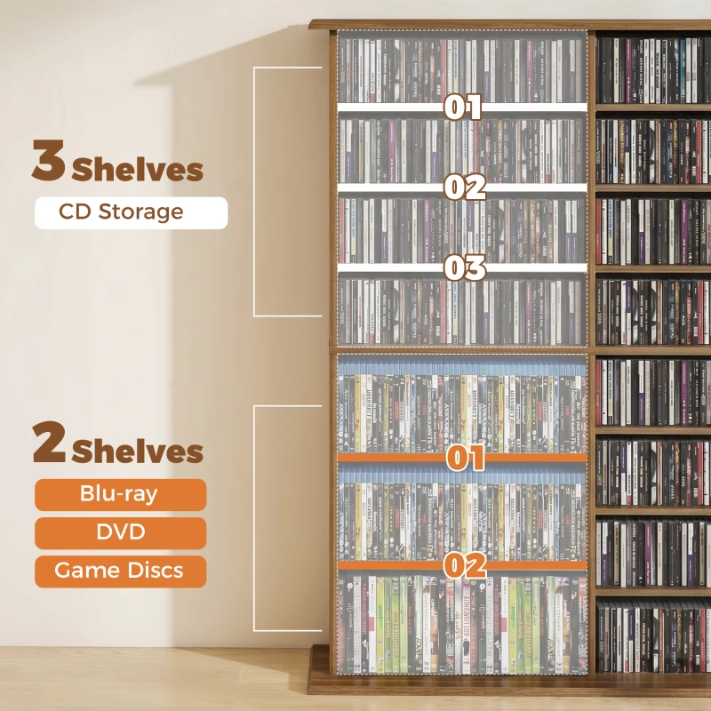 HOMCOM Rangements pour CD et DVD avec 16 compartiments et 12 étagères réglables capacité max. 720 CD/396 DVD et Blu-ray noyer
