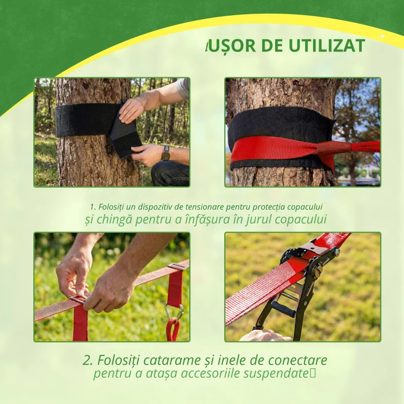 AIYAPLAY Ninja Line Set Slackline pentru copii 10 m cu inele, leagăn, scară de cățărat și plasă de cățărat pentru 3-6 ani 1000x300x180 cm Roșu