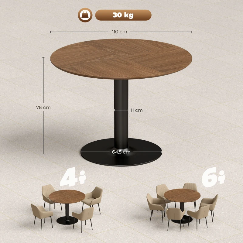 HOMCOM Ronde eettafel voor 6 personen, 110 cm moderne keukentafel met voet voor woonkamer, bruin houtnerf