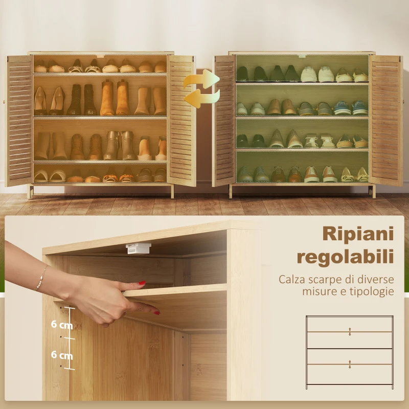 HOMCOM Scarpiera in Bambù con Ante a Persiana, Mobile Porta Scarpe con Ripiani Regolabili, Capacità per 14 Paia, 80 x 35 x 80 cm, Finitura Naturale
