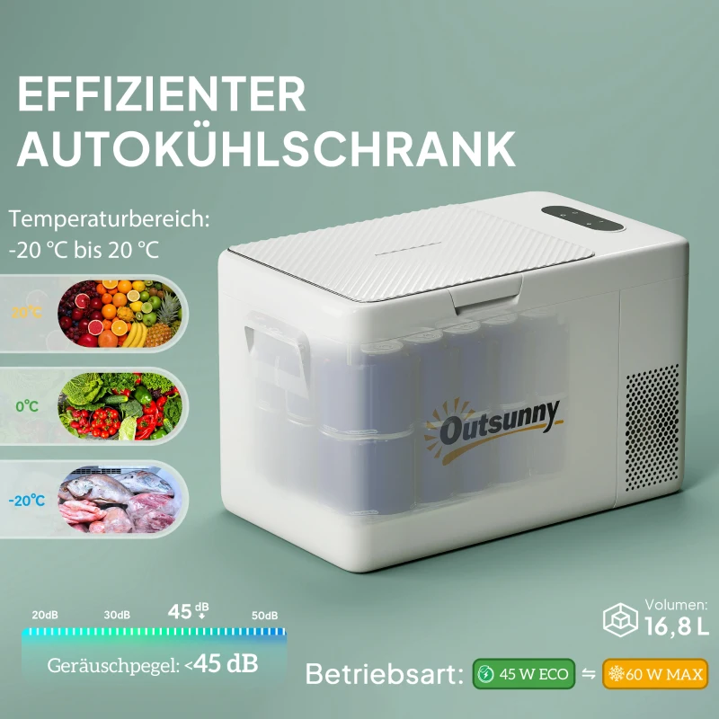 Outsunny 22 Liter Campingkoelkast, Autokoelkast, Koelbox met LED-Licht, AC- en DC-Adapter, Stille Werking, Crèmewit