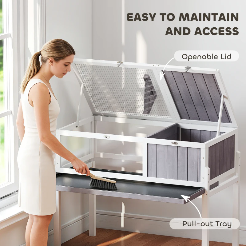 PawHut Wooden Tortoise House with Dual-Zone Habitat, Clear Panels, Openable Top, Metal Mesh, for Tortoises and Small Pets, Grey
