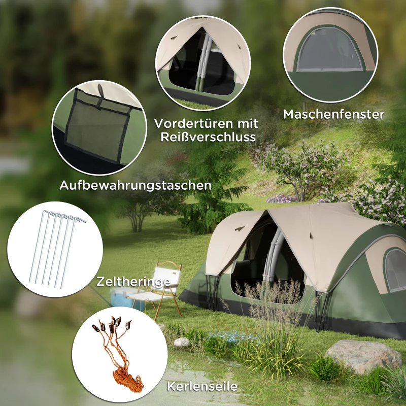 Outsunny campingtent, 2 kamers, scheidingswand, voor 6-8 personen, regenbescherming, donkergroen