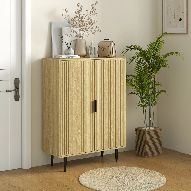 HOMCOM Meuble à Chaussures 15 Paires, Armoire à Chaussures 5 Niveaux avec Étagères Réglables, 2 Portes et Pieds en Métal, Chêne