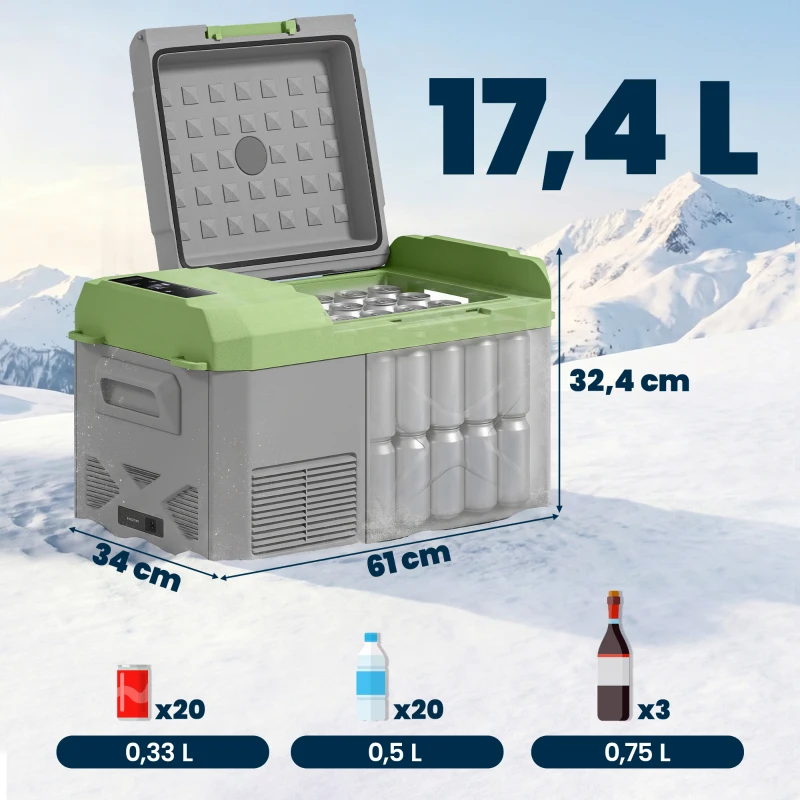 Outsunny Nevera Portátil Eléctrica 17,4L Refrigerador de Coche 12V-220V -20℃ a +20 ℃ con Pantalla Luz LED 61x34x32,4 cm Gris