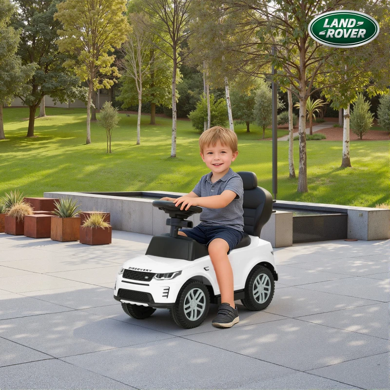 AIYAPLAY Mașinuță de Împins Licență Land Rover cu Mâner și Barieră, din PP și Oțel, 84x40x94.5 cm, Alb