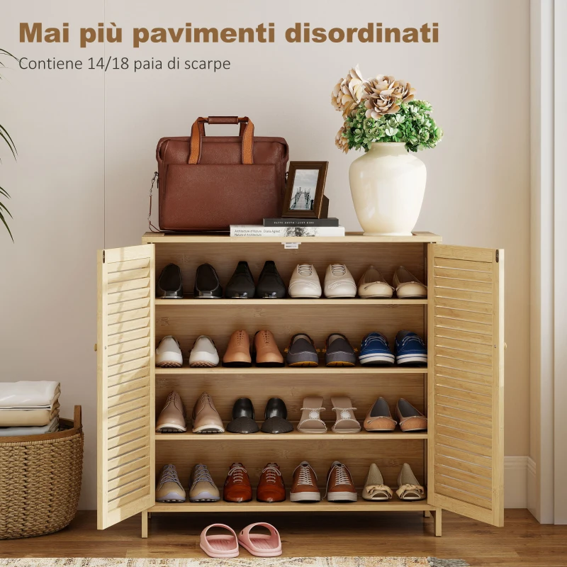 HOMCOM Scarpiera in Bambù con Ante a Persiana, Mobile Porta Scarpe con Ripiani Regolabili, Capacità per 14 Paia, 80 x 35 x 80 cm, Finitura Naturale