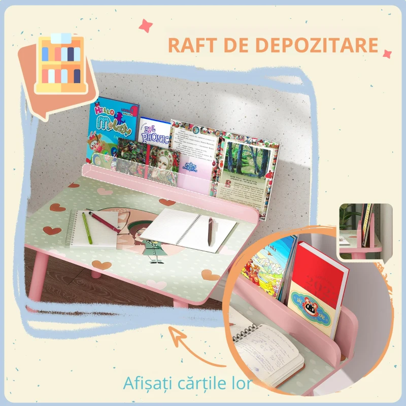AIYAPLAY Set masă și scaun pentru copii, masă pentru copii cu scaun și suport pentru cărți, modele ursuleț, pentru copii 3-8 ani, roz