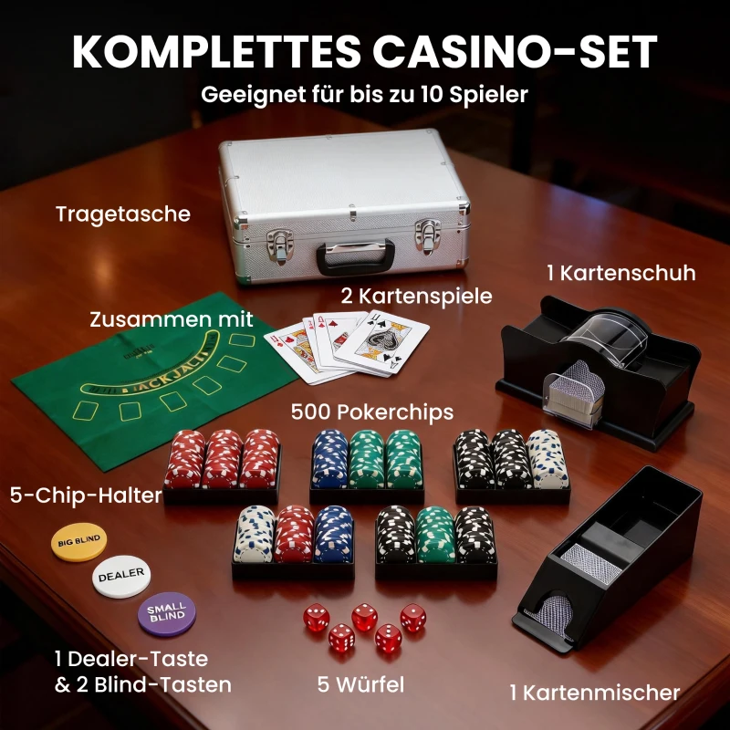 SPORTNOW Poker-Set, 500 Chips, Würfel, 2 Kartendecks, Zubehör, Koffer, für 10 Spieler