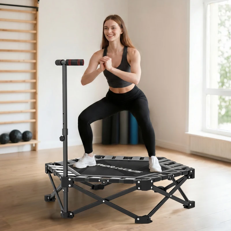SPORTNOW Trampolín de Fitness Plegable 104 cm con Barra Ajustable en 3 Alturas Marco Metálico Reforzado y Bolsa 104x104x114 cm