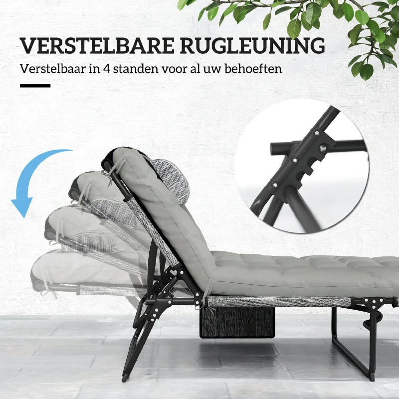Outsunny Ligbed, 4-voudig verstelbare rugleuning, kussen, zijvak, hoofdsteun, 68 x 189 x 30 cm, Grijs