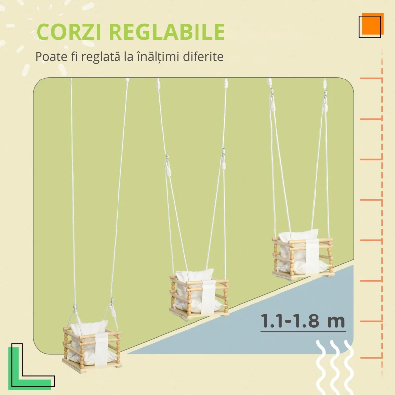AIYAPLAY Leagan pentru copii 9-36 luni din lemn si bumbac, pentru spatii interioare si exterioare cu franghie reglabila si perna detasabila, 30x30x110-180 cm, culoarea lemnului si alb