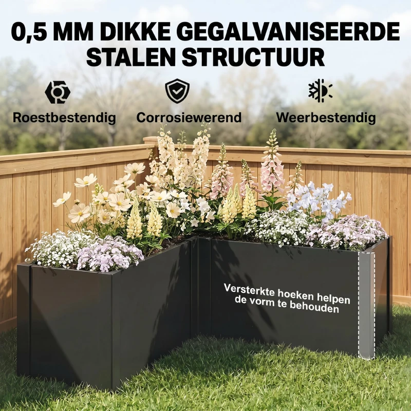 Outsunny L-vormig verhoogd bed, weerbestendig plantenbak van verzinkt staal 150 x 150 x 55 cm zwart