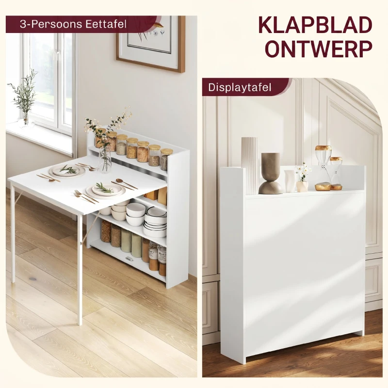 HOMCOM Inklapbare Eettafel, Geschikt voor Kleine Ruimtes, met 4 Discrete Schappen, Opvouwbare Keukentafel, Anti-Kantelfunctie, Wit(m-4)