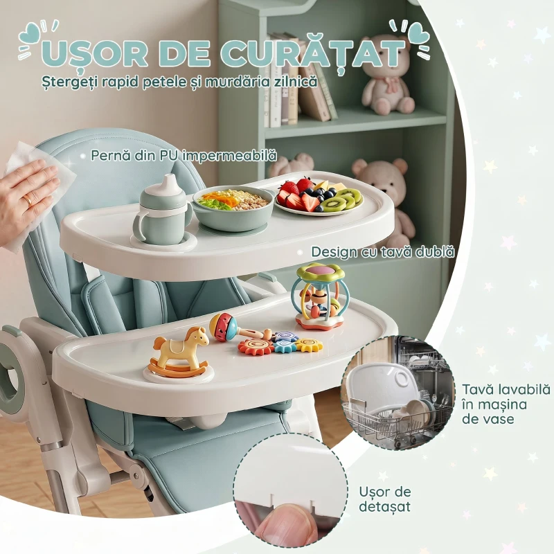 AIYAPLAY Scaun de Masă Pliabil pentru Copii 6-36 Luni cu Înălțime Reglabilă, Tăviță Dublă Lavabilă, Roți, Verde