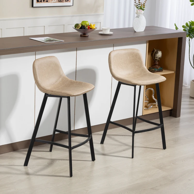 HOMCOM Bar Stools Set of 2, PU Leather Dining Stools with Backrest, Footrest, Light Brown