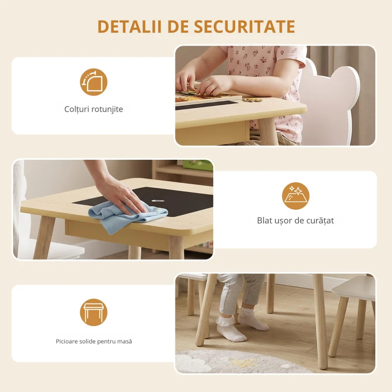 AIYAPLAY Masă pentru copii cu 2 scaune, set de mobilier pentru copii cu depozitare și spătar în formă de ursuleț pentru copii 3-6 ani, lemn natural