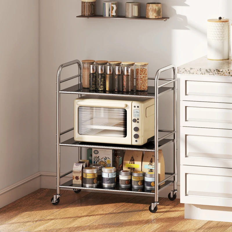 HOMCOM 3 Tier Stainless Steel Kitchen Storage Trolley with Adjustable Shelf - Silver