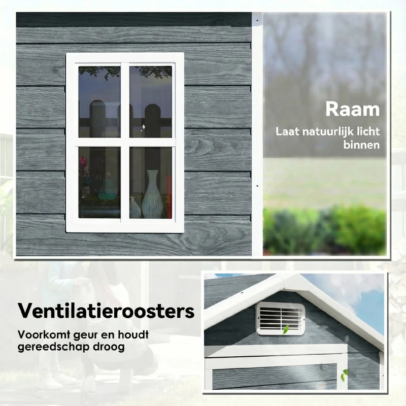 Outsunny Tuinschuur 1,1 m² Opbergschuur met Houtlook Venster Zadeldak Ventilatie Bodem Slot Handschoenen Grijs