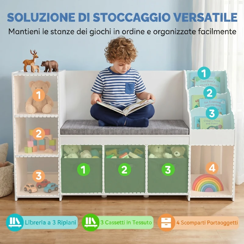 AIYAPLAY Scaffale Portagiochi per Bambini 3-8 Anni con Libreria a 3 Livelli, 3 Cassetti, 4 Scomparti, Cuscino, Bianco