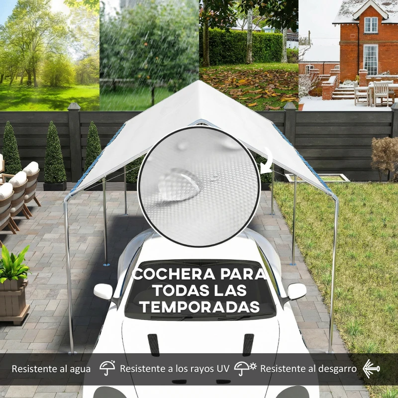 Outsunny Carpa Garaje para Coche 3x6 m Cochera Portátil Impermeable con Toldo de Tela PE y Marco de Acero Galvanizado Blanco