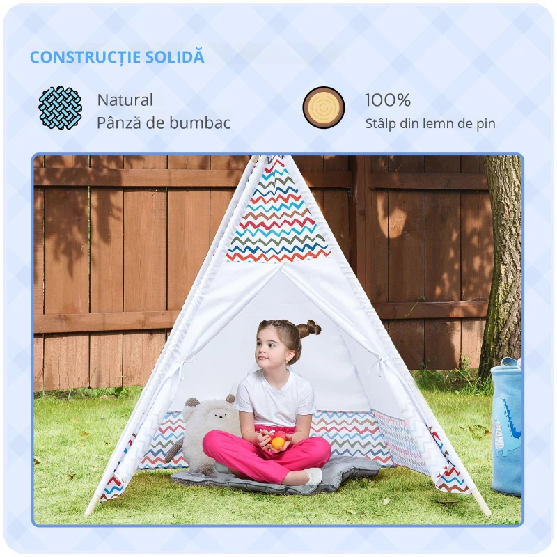 HOMCOM Cort pentru Copii de +3 Ani Tipi Infantil de Lemn Portabil cu Fereastră pentru Interior și Exterior 120x120x155 cm Alb