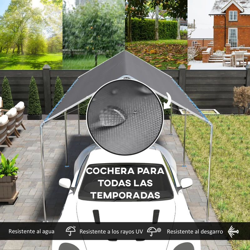 Outsunny Carpa Garaje para Coche 3x6 m Cochera Portátil Impermeable con Toldo de Tela PE y Marco de Acero Galvanizado Gris