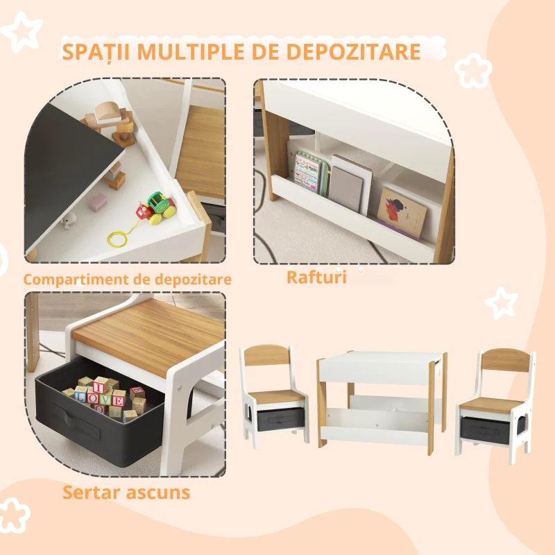 HOMCOM Set 3 piese masă și 2 scaune pentru copii cu blat reversibil, tablă neagră, coș de depozitare, rafturi