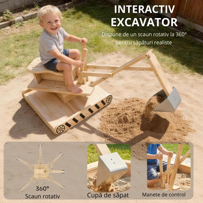AIYAPLAY Cutie de nisip din lemn pentru copii cu excavator, cutie de nisip pentru copii cu scaun rotativ 360° și căptușeală 184x90x56 cm natural