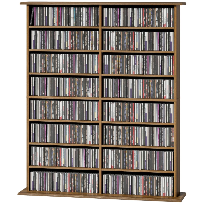 HOMCOM CD- und DVD-Aufbewahrung mit 16 Fächern und 12 verstellbaren Einlegeböden, maximale Kapazität 720 CD/396 DVD und Blu-ray, Nussbaum