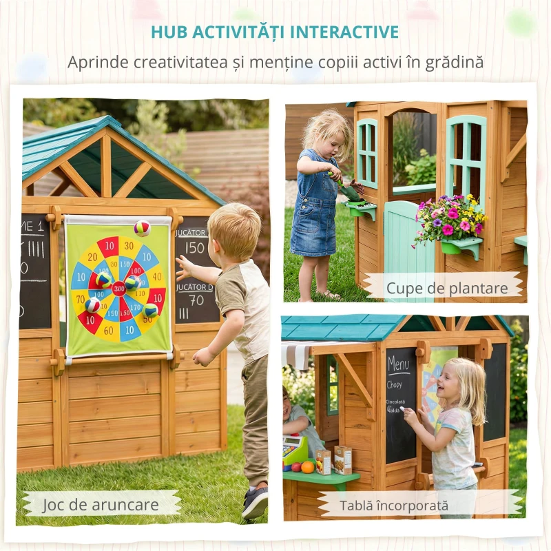 AIYAPLAY Căsuță de joacă pentru exterior cu tejghea de vânzare, ghiveci pentru plante, tablă de cretă, țintă, 4 bile 142 x 120 x 141,5 cm Multicolor