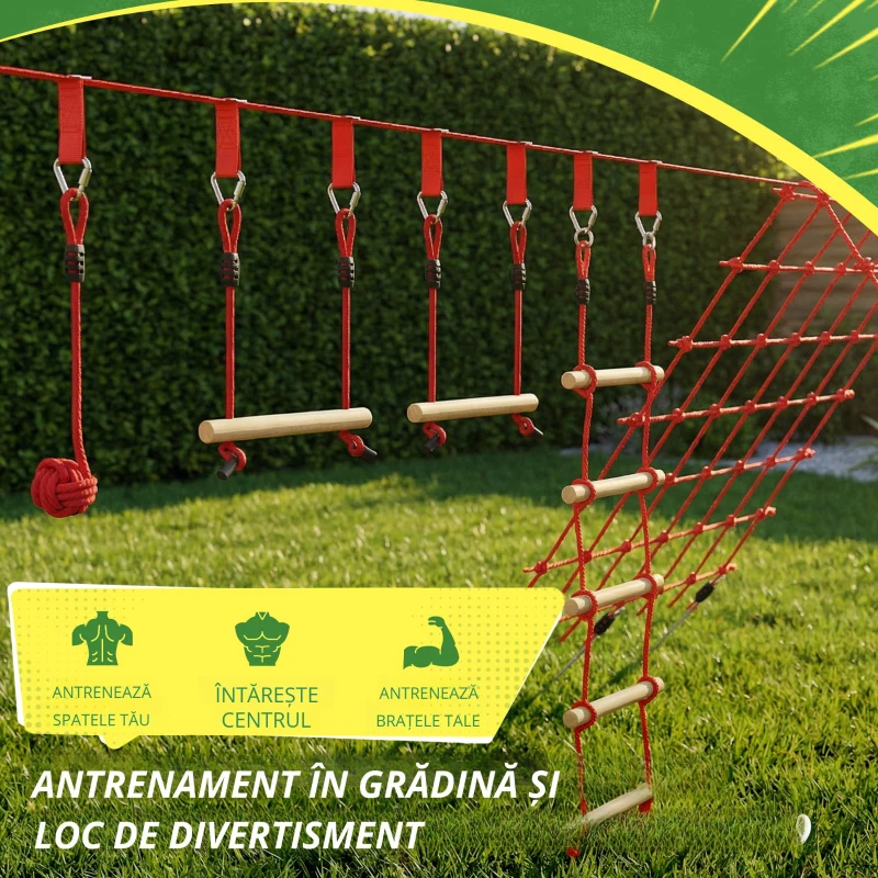 AIYAPLAY Ninja Line Set Slackline pentru copii 10 m cu inele, leagăn, scară de cățărat și plasă de cățărat pentru 3-6 ani 1000x300x180 cm Roșu