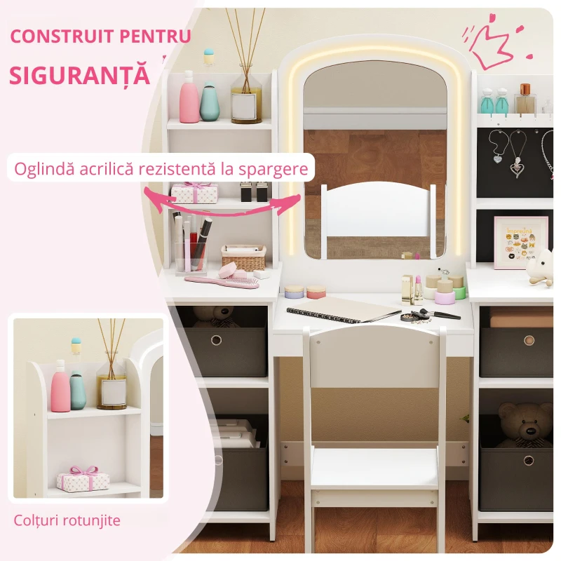 AIYAPLAY Toaletă pentru copii cu taburet și oglindă LED, masă de machiaj pentru 3–8 ani, 104 x 40 x 112 cm, alb